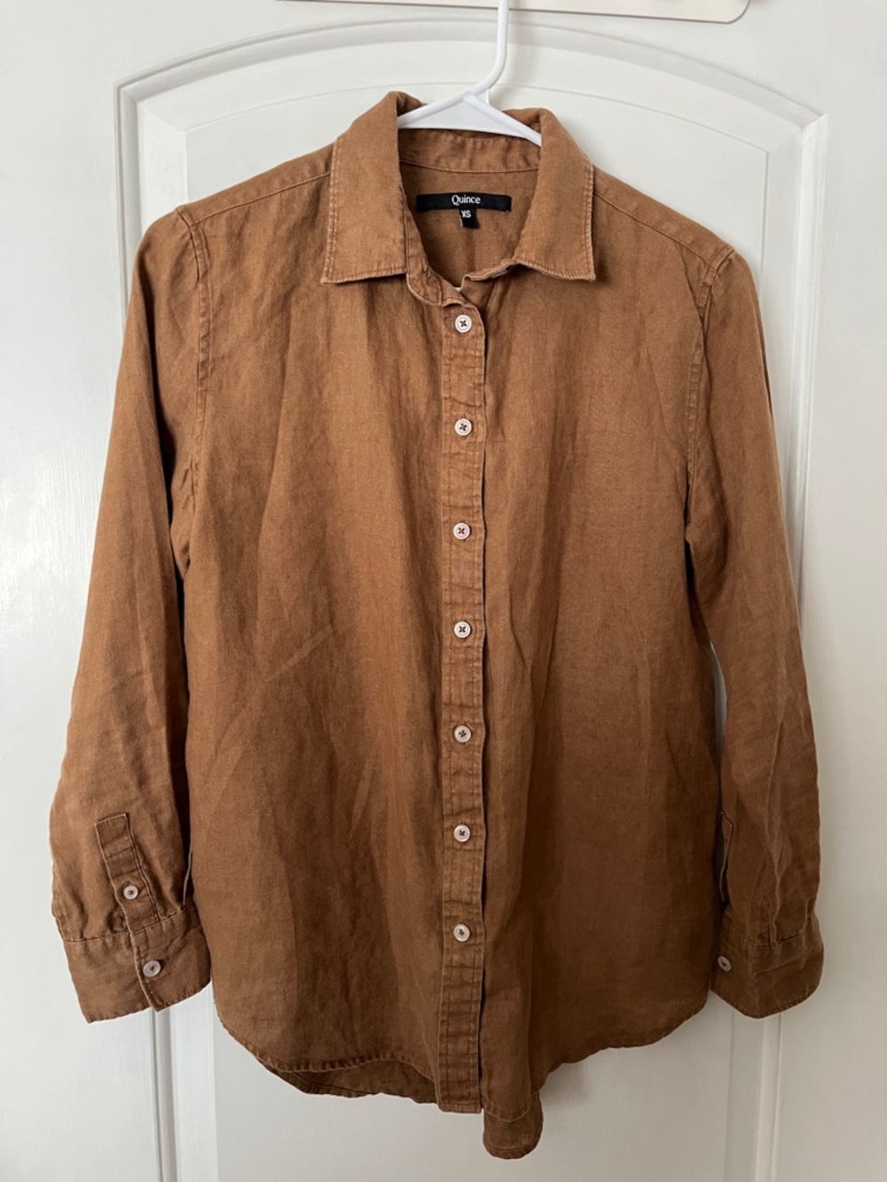 Quince Women’s 100% linen Button-Down Shirt in brown
